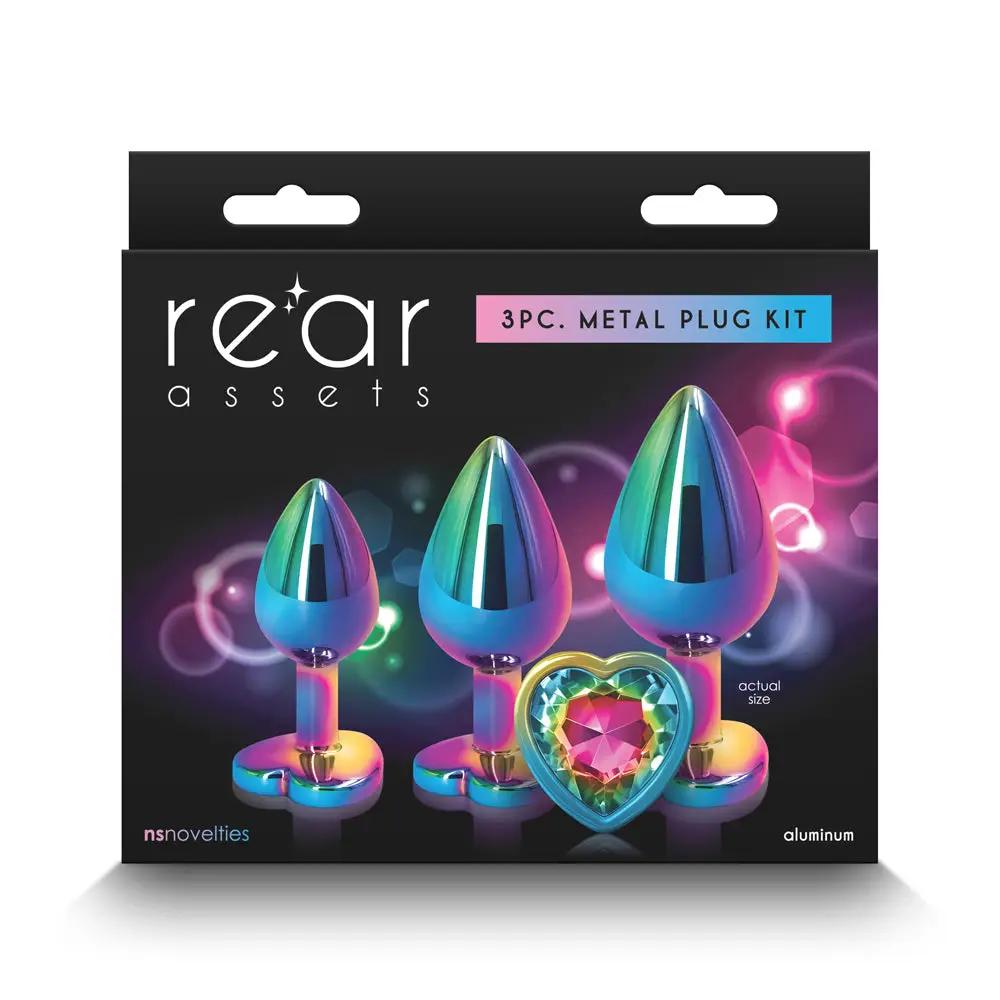 Rear Assets 3-Piece Metal Plug Kit Multicolor/Rainbow Heart by NS Novelties