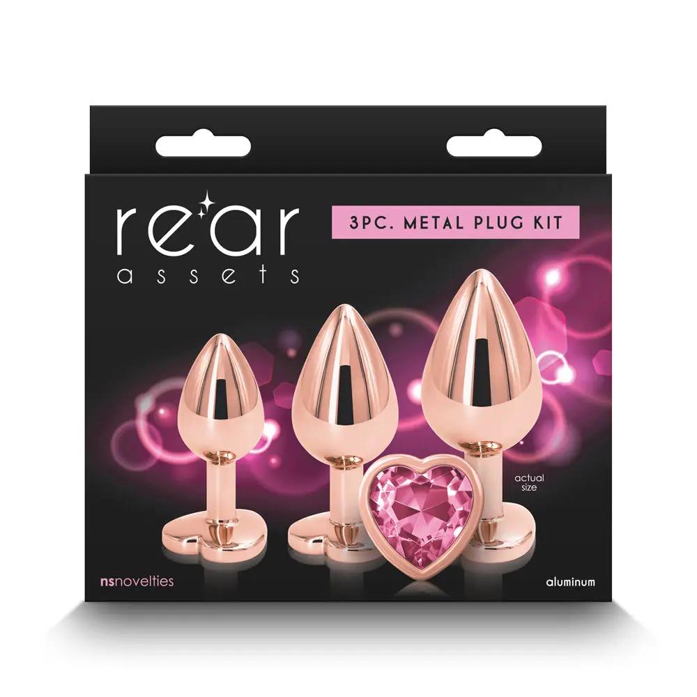 Rear Assets 3-Piece Metal Plug Kit Rose Gold/Pink Heart by NS Novelties