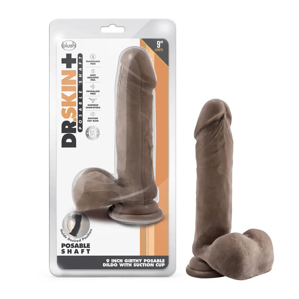 Dr. Skin Plus Thick 9 in. Triple Density Posable Dildo with Balls Brown by Blush