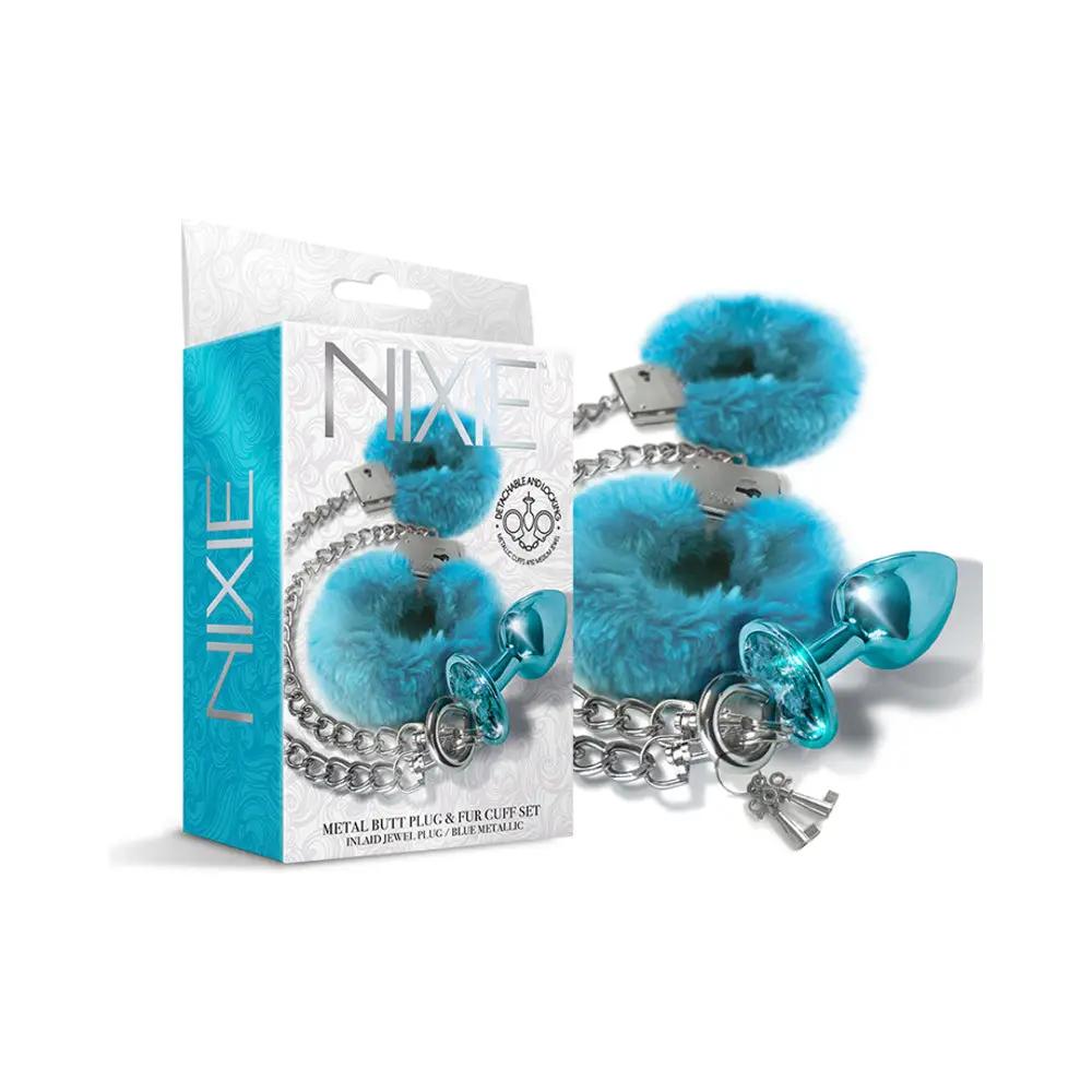 Nixie Metal Butt Plug & Furry Handcuff Set Medium Blue Metallic by Global Novelties