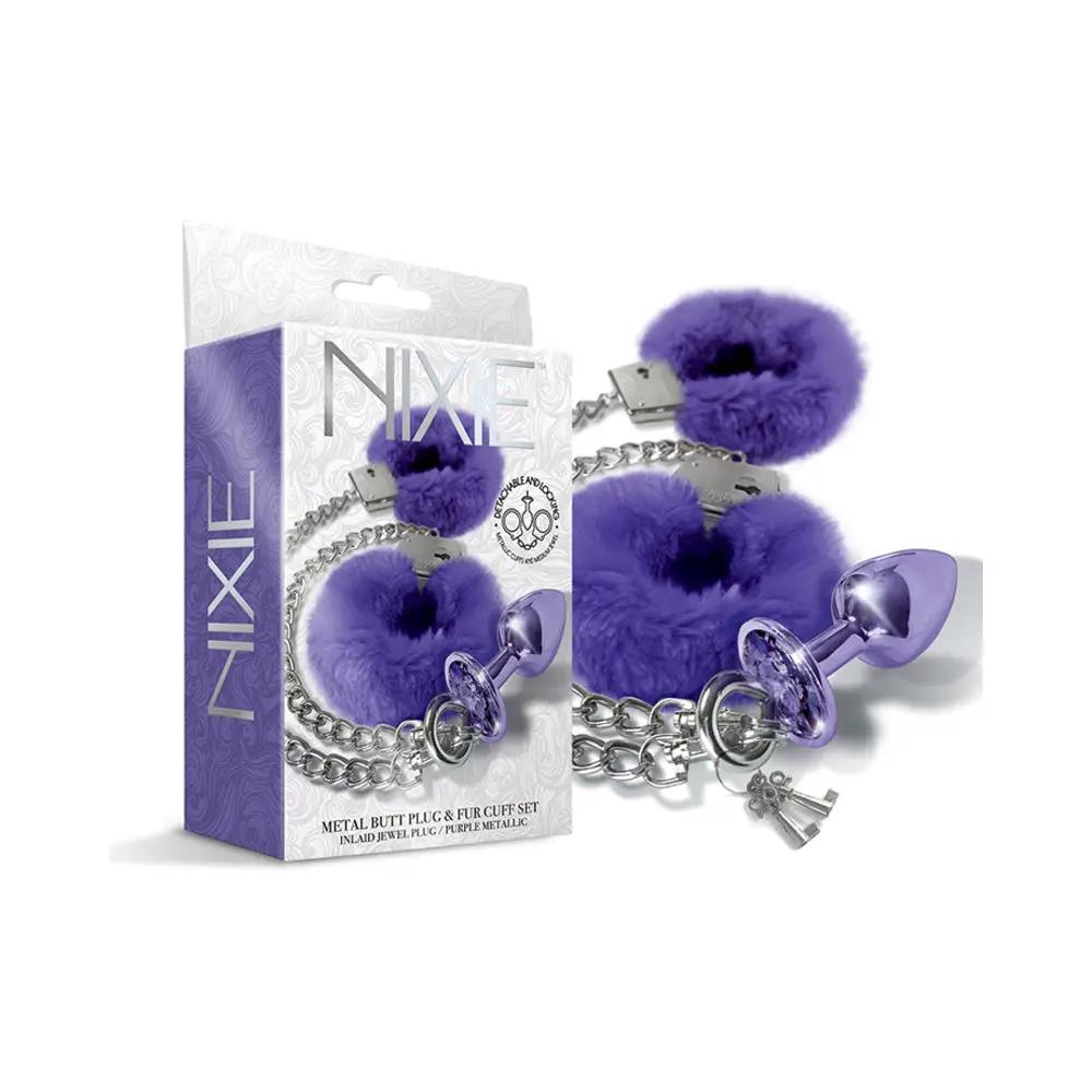 Nixie Metal Butt Plug & Furry Handcuff Set Medium Purple Metallic by Global Novelties