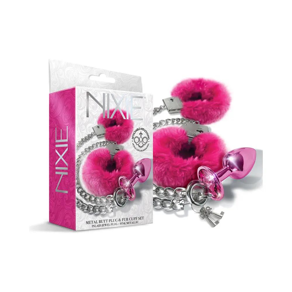 Nixie Metal Butt Plug & Furry Handcuff Set Medium Pink Metallic by Global Novelties