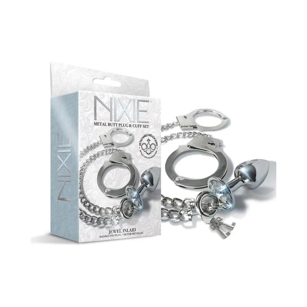 Nixie Metal Butt Plug & Handcuffs Set Silver by Global Novelties