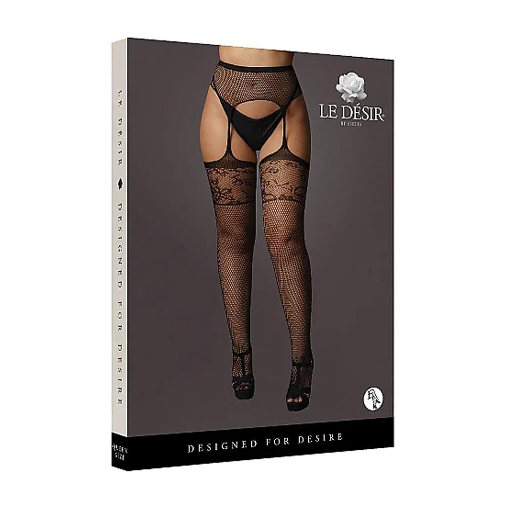 Le Desir Garter Belt Stockings with Lace Top Black Queen Size by Shots