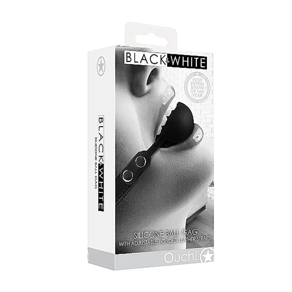 Ouch! Black & White Silicone Ball Gag With Adjustable Bonded Leather Straps Black by Shots