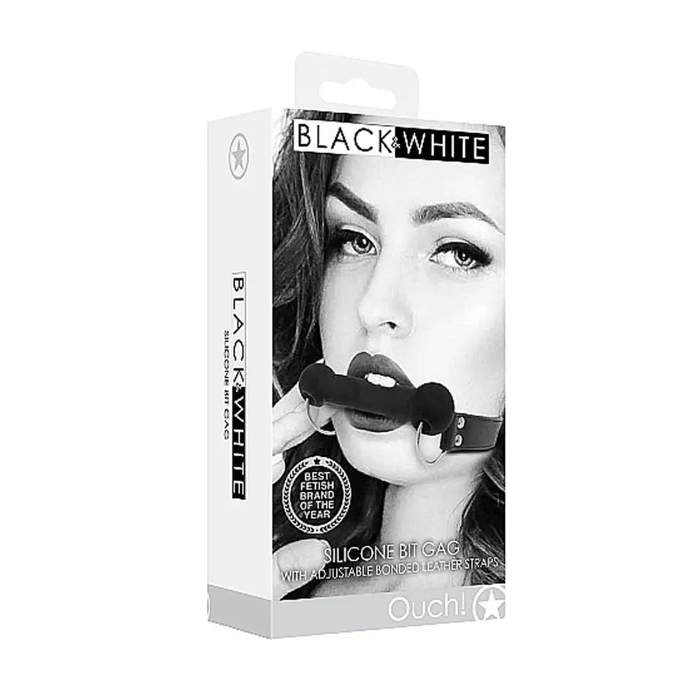 Ouch! Black & White Silicone Bit Gag With Adjustable Bonded Leather Straps Black by Shots