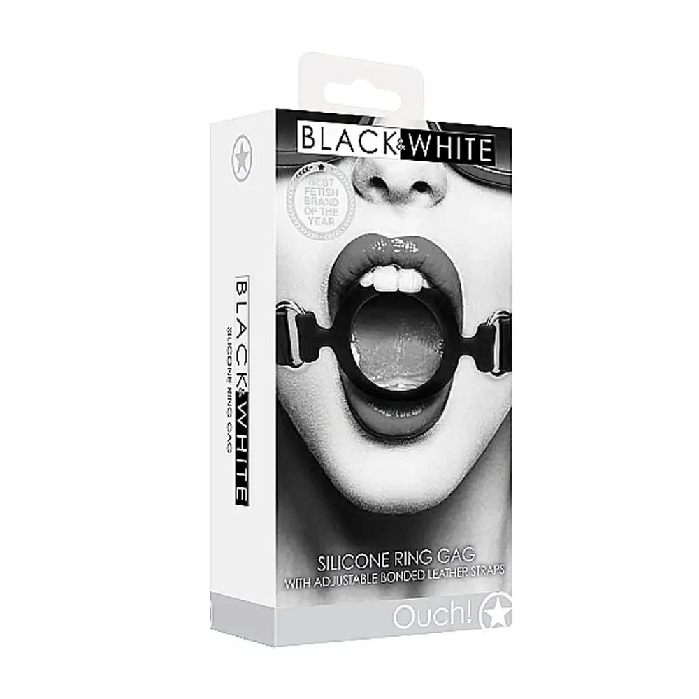 Ouch! Black & White Silicone Ring Gag With Adjustable Bonded Leather Straps Black by Shots