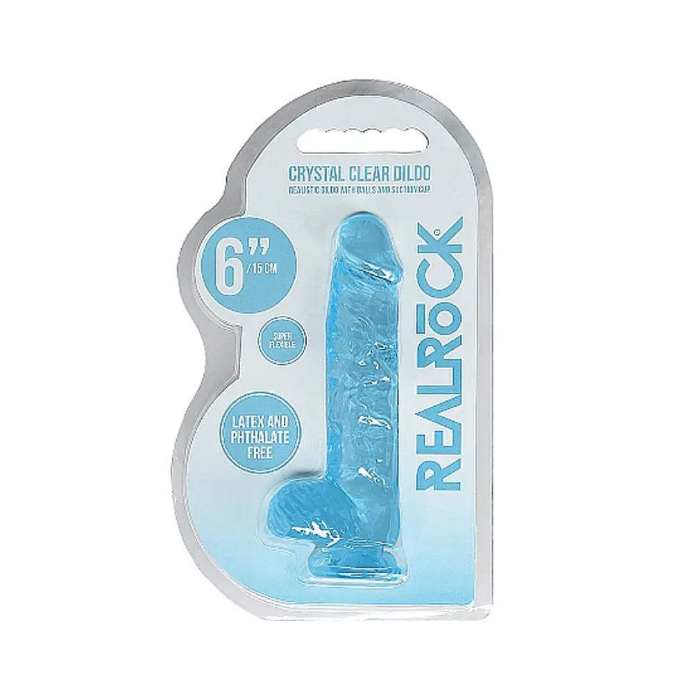RealRock Crystal Clear Realistic 6 in. Dildo With Balls and Suction Cup Blue by Shots