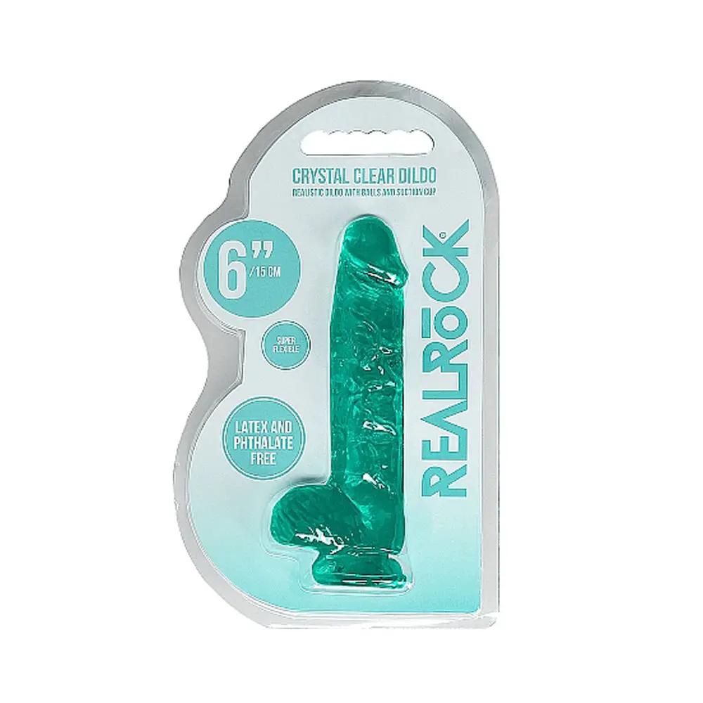 RealRock Crystal Clear Realistic 6 in. Dildo With Balls and Suction Cup Turquoise by Shots