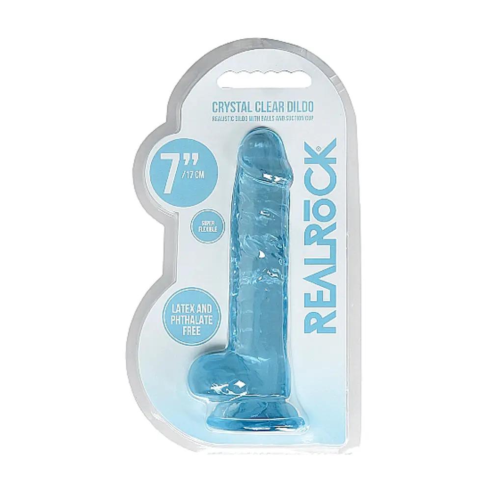 RealRock Crystal Clear Realistic 7 in. Dildo With Balls and Suction Cup Blue by Shots