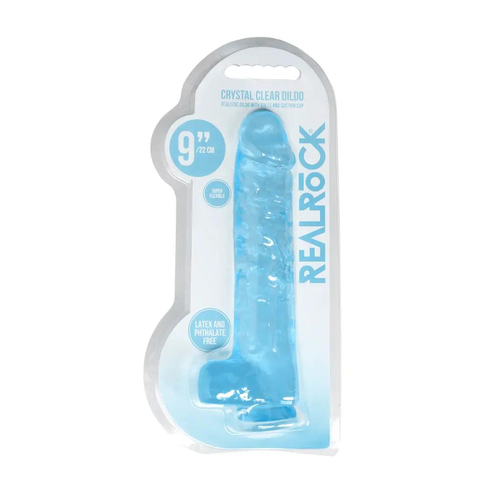 RealRock Crystal Clear Realistic 9 in. Dildo With Balls and Suction Cup Blue by Shots