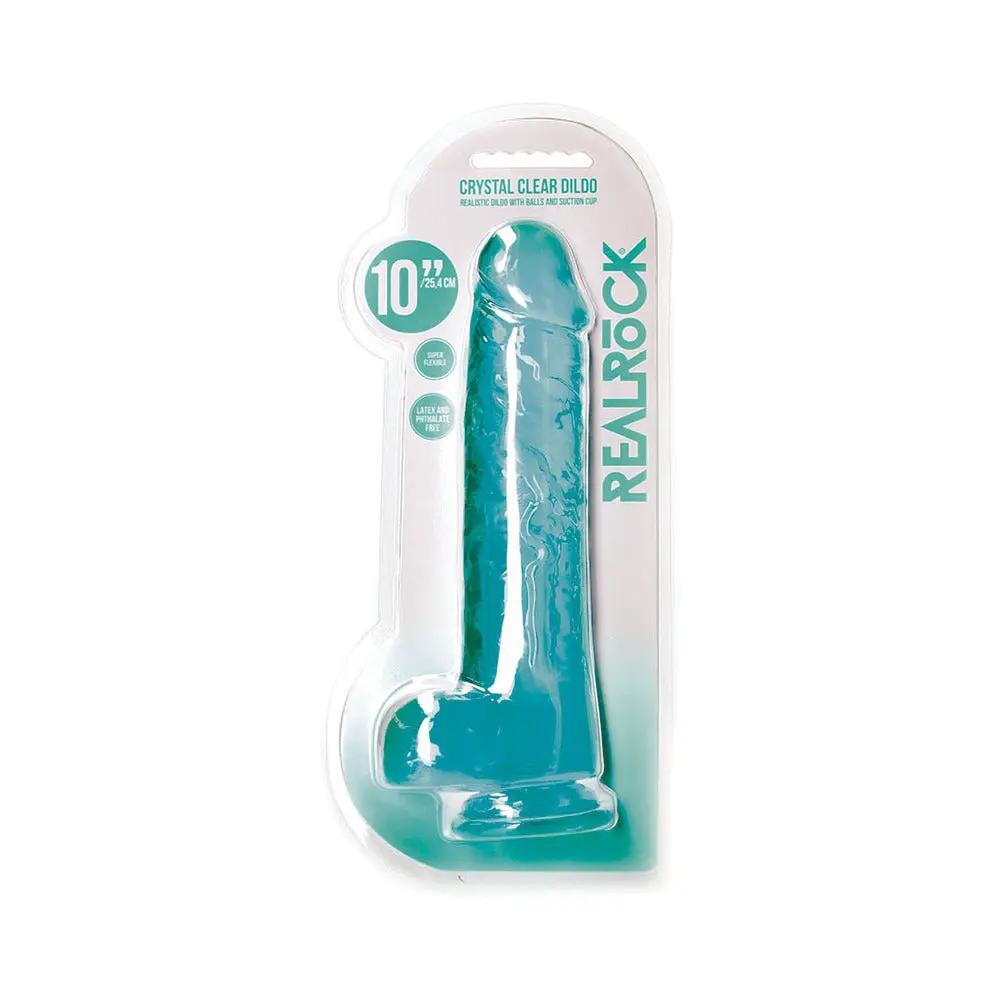 RealRock Crystal Clear Realistic 10 in. Dildo With Balls and Suction Cup Turquoise by Shots