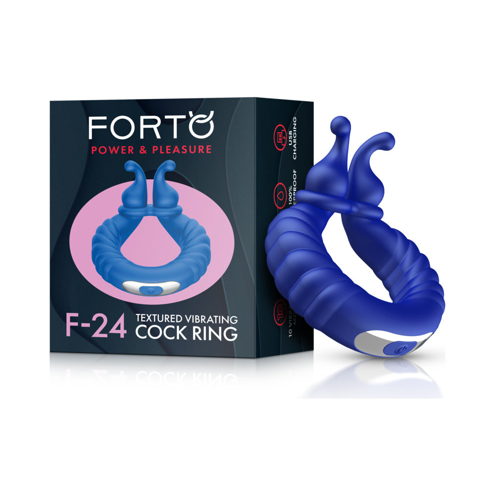 Forto F-24 Rechargeable Silicone Textured Vibrating Cockring Blue by Forto