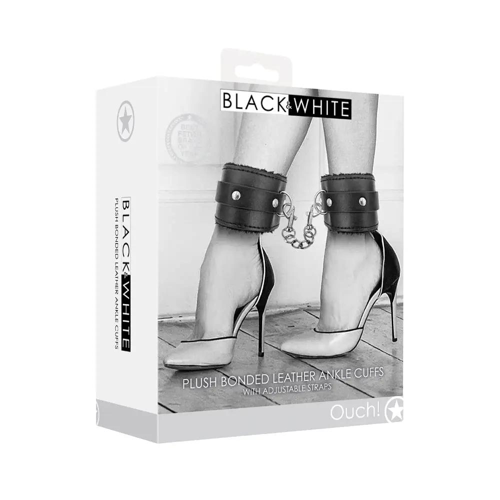 Ouch! Black & White Adjustable Plush Bonded Leather Ankle Cuffs Black by Shots