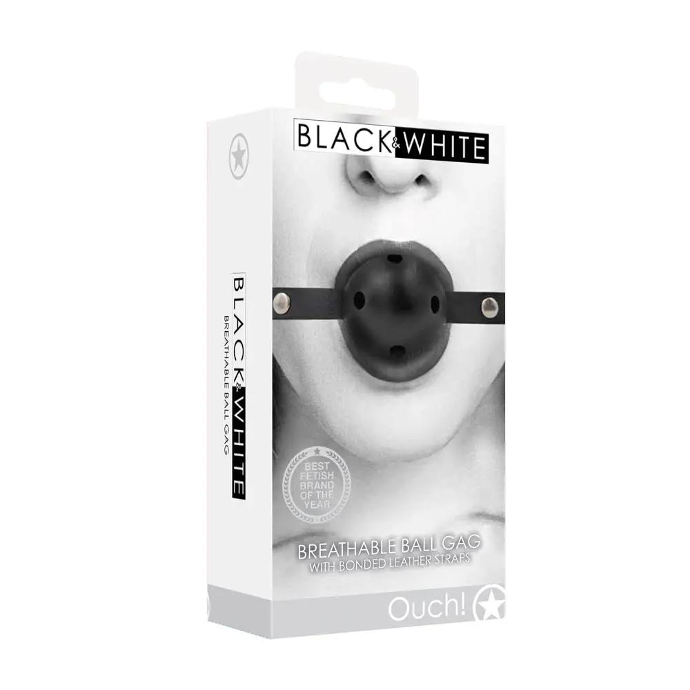 Ouch! Black & White Breathable Ball Gag With Bonded Leather Straps Black by Shots