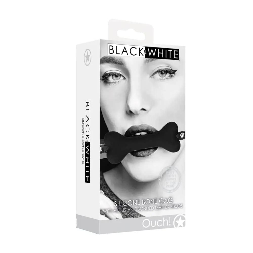 Ouch! Black & White Silicone Bone Gag With Adjustable Bonded Leather Straps Black by Shots