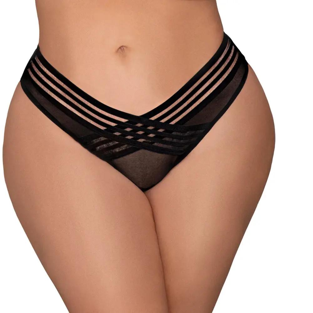Dreamgirl Mesh Thong with Shadow Stripe Elastic Front Detail Black 3X Hanging by Dreamgirl