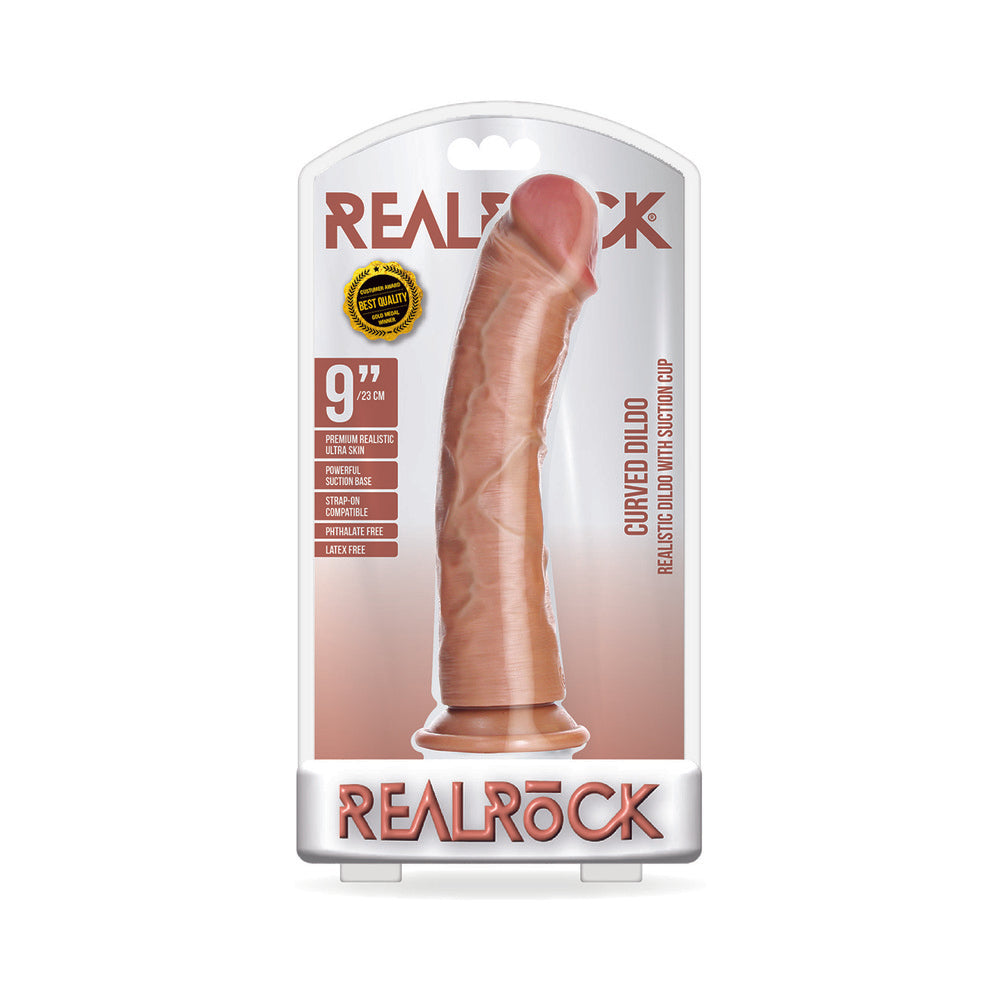 RealRock Realistic 9 in. Curved Dildo With Suction Cup Tan by Shots