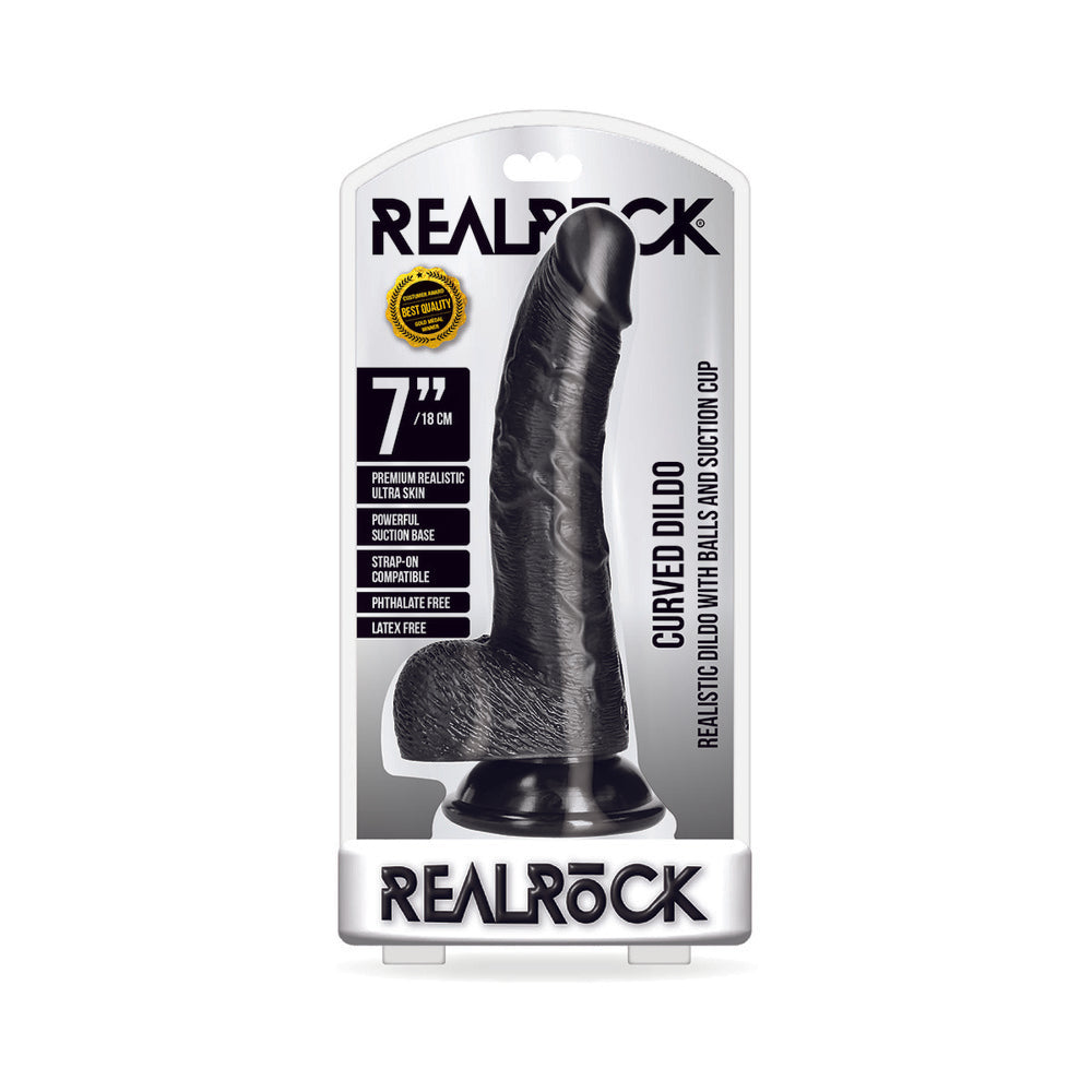 RealRock Realistic 7 in. Curved Dildo With Balls and Suction Cup Black by Shots
