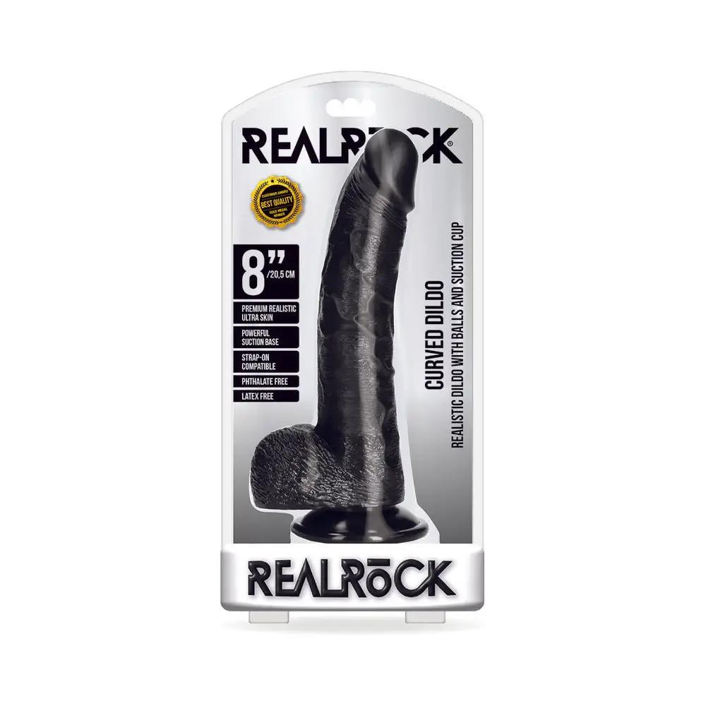 RealRock Realistic 8 in. Curved Dildo With Balls and Suction Cup Black by Shots