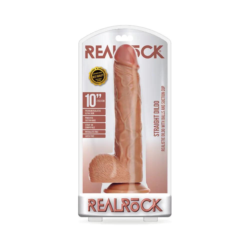 RealRock Realistic 10 in. Straight Dildo With Balls and Suction Cup Tan by Shots