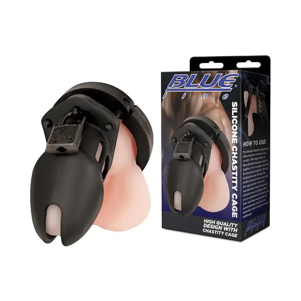 Blue Line Silicone Chastity Cage Black by Electric Eel
