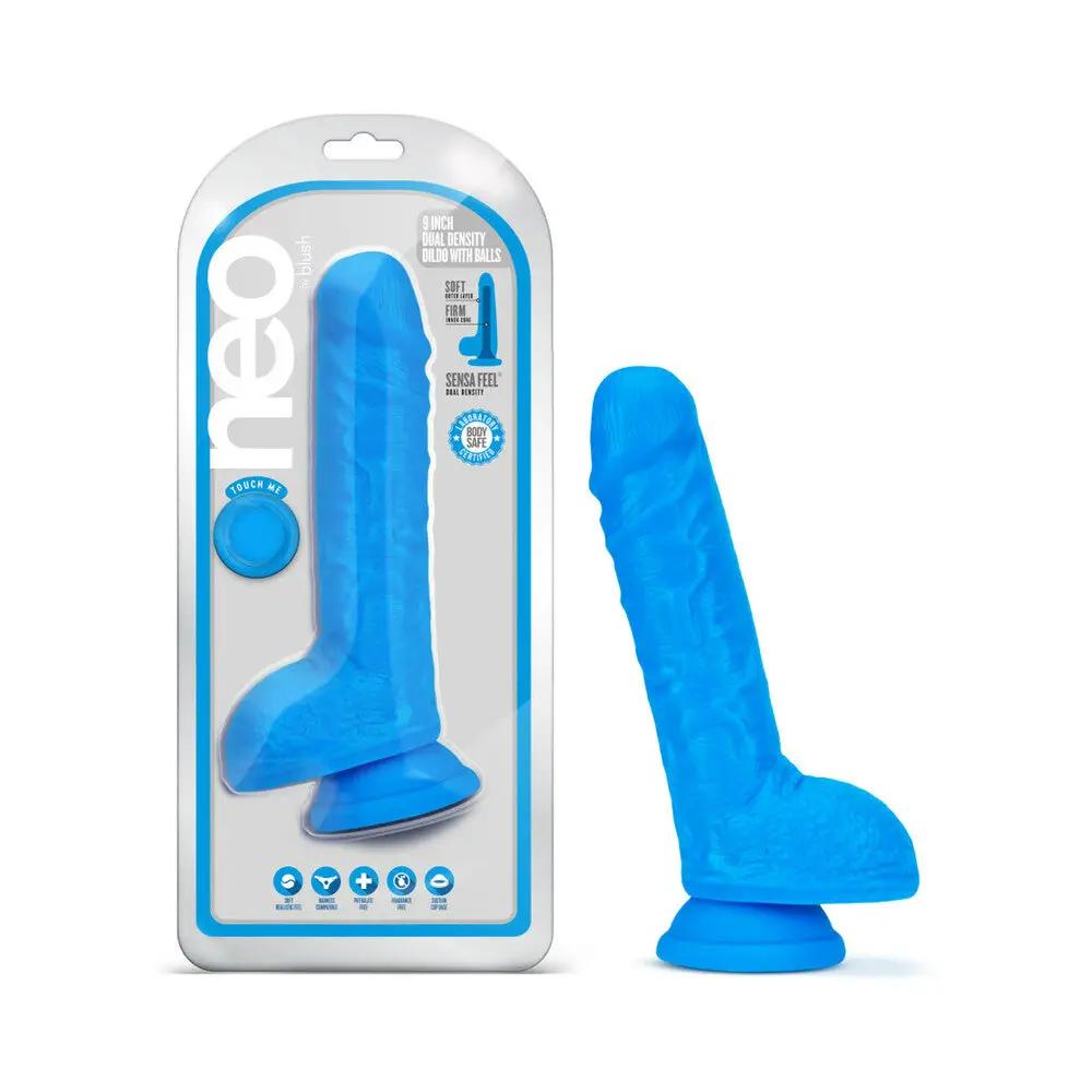 Neo 9 in. Dual Density Dildo with Balls Neon Blue by Blush