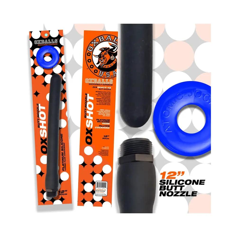Oxballs Oxshot Butt Nozzle Shower Hose 12 in. + Flex Cockring Black by Oxballs