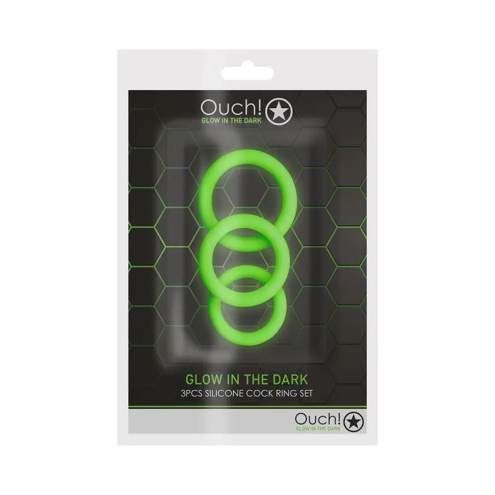 Ouch! Glow in the Dark 3-Piece Silicone Cockring Set Neon Green by Shots