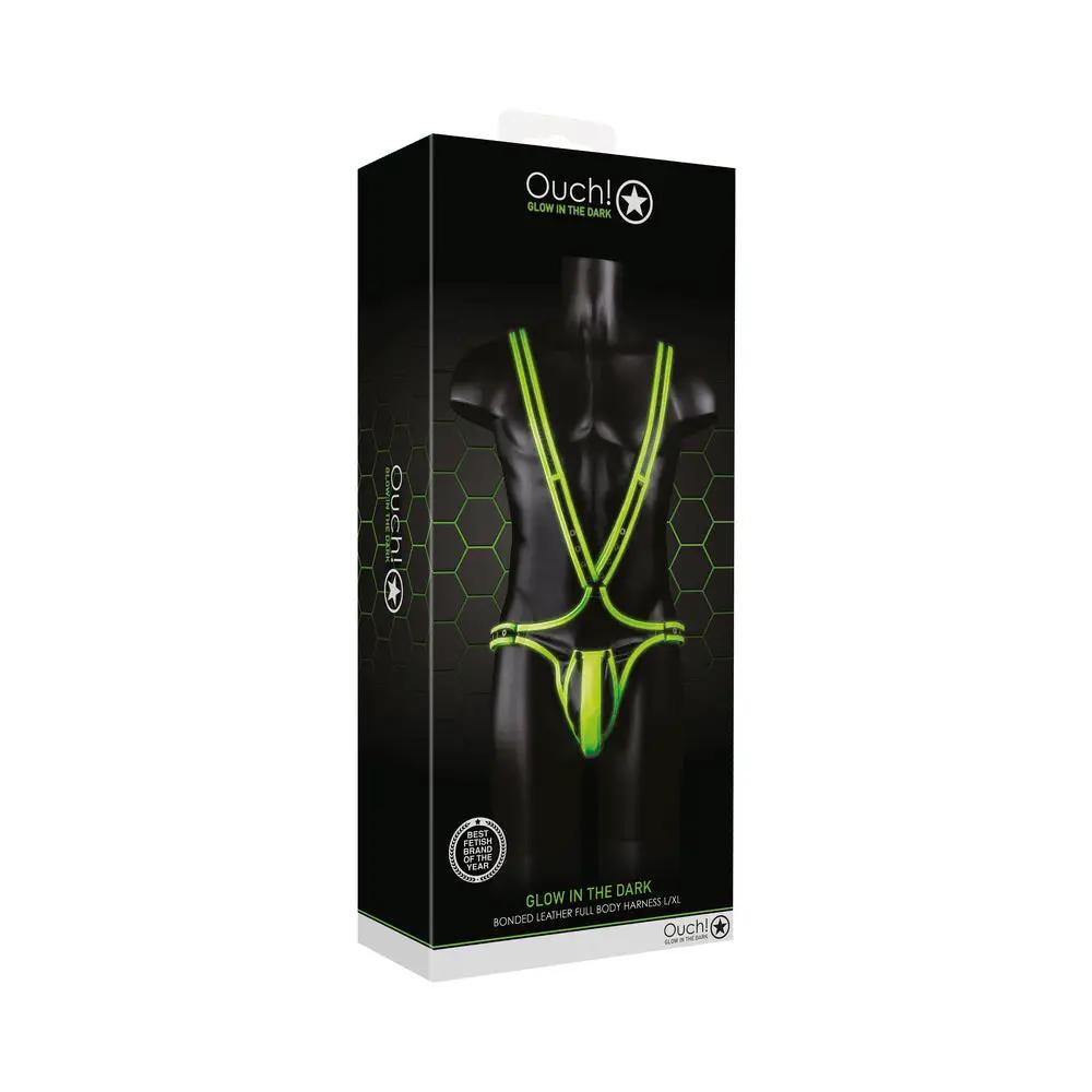 Ouch! Glow in the Dark Bonded Leather Full-Body Harness Neon Green L/XL by Shots