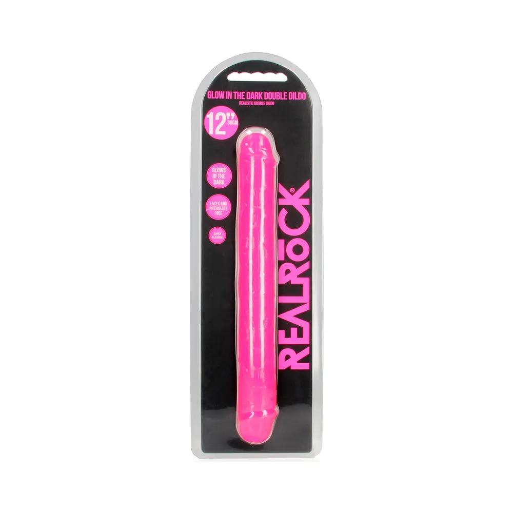 RealRock Glow in the Dark Double Dong 12 in. Dual-Ended Dildo Neon Pink by Shots