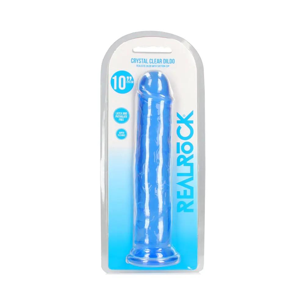 RealRock Crystal Clear Straight 10 in. Dildo Without Balls Blue by Shots
