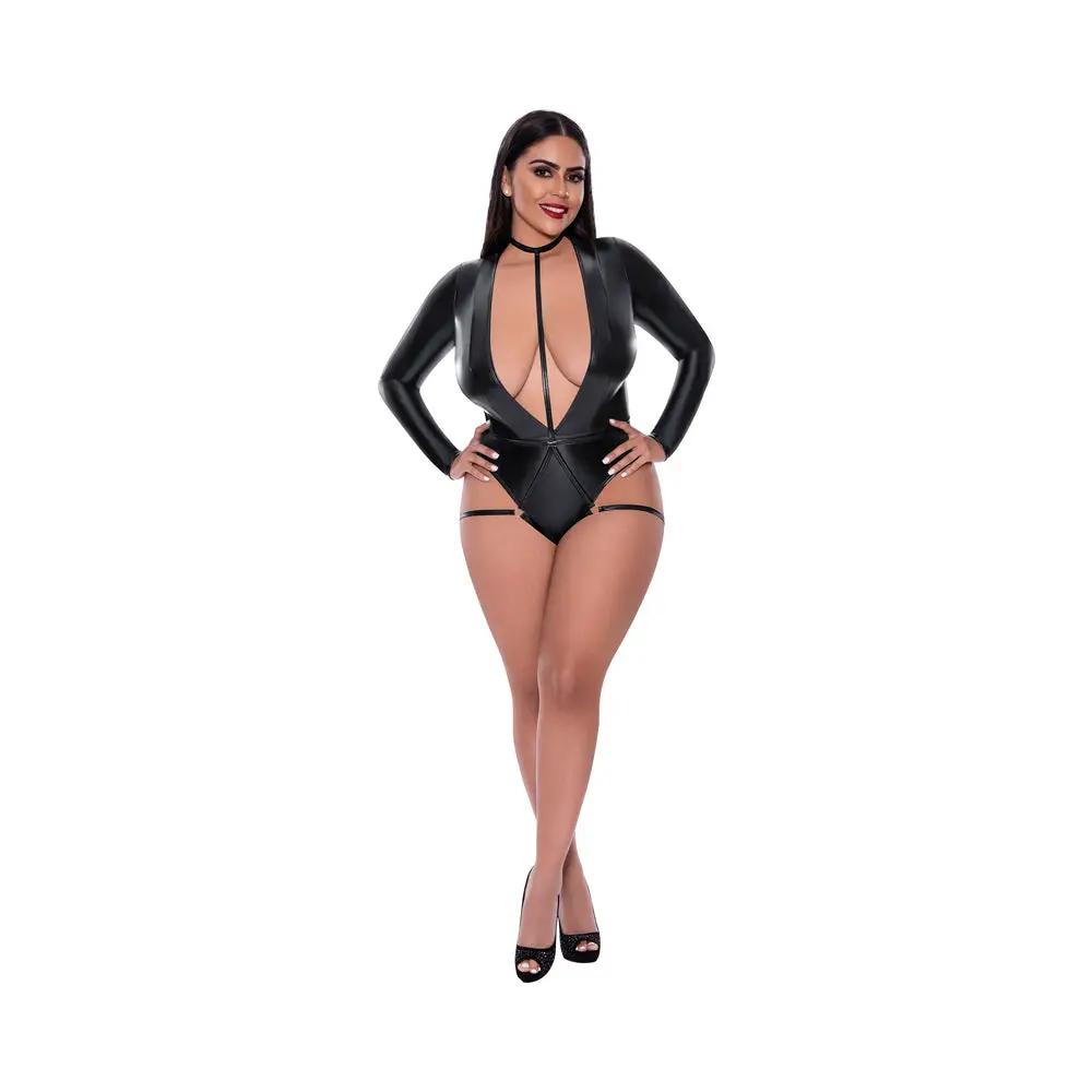 Magic Silk Liquid Onyx Long Sleeve Teddy with Harness Caging Black Queen by Magic Silk