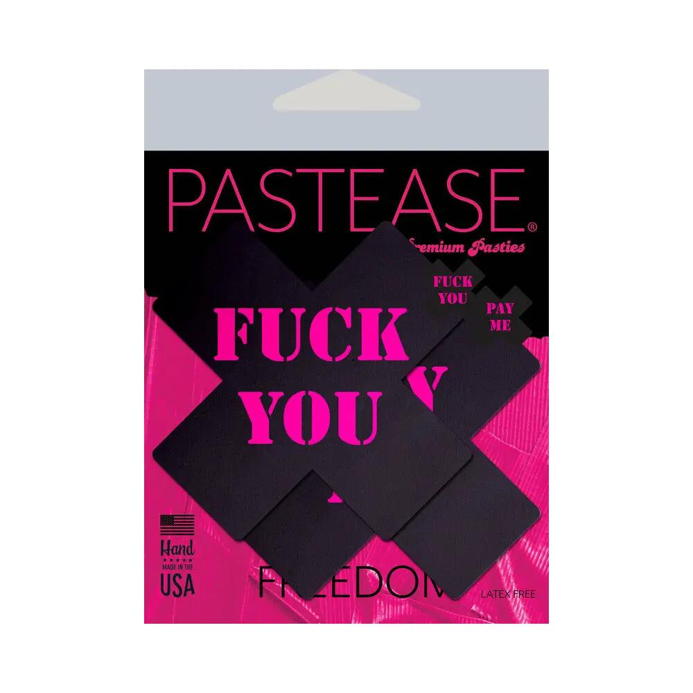 Pastease Plus X: Black with Pink "Fuck You, Pay Me" Cross Nipple Pasties by Pastease