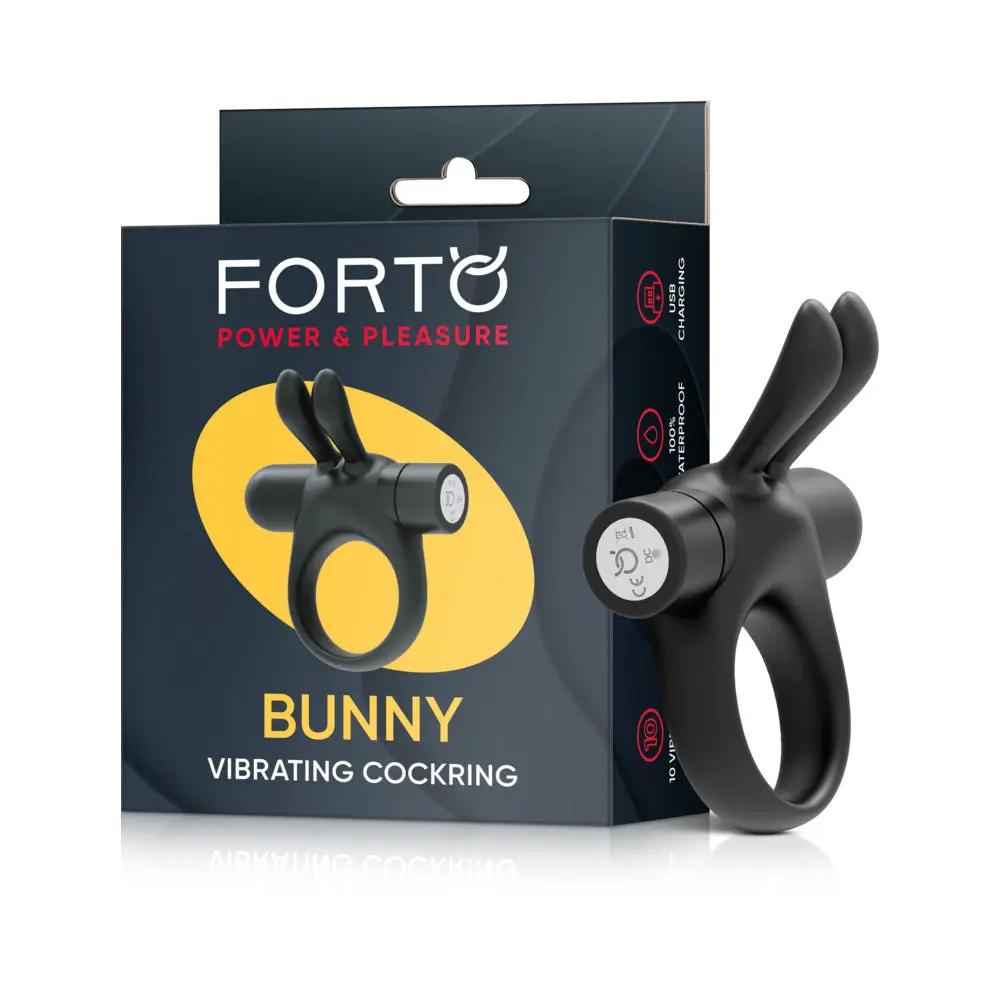 Forto Bunny Rechargeable Silicone Vibrating Cockring with Stimulating Ears Black by Forto