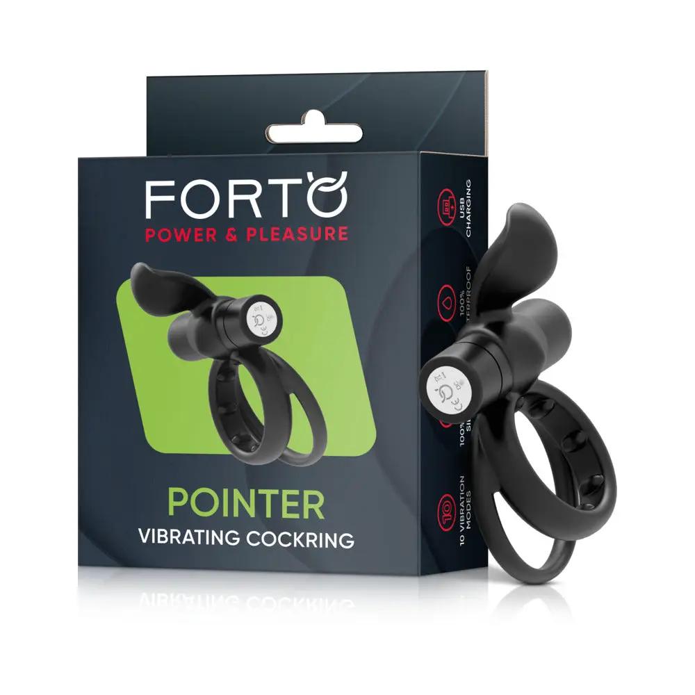 Forto Pointer Rechargeable Silicone Vibrating Dual Cockring with External Stimulator Black by Forto