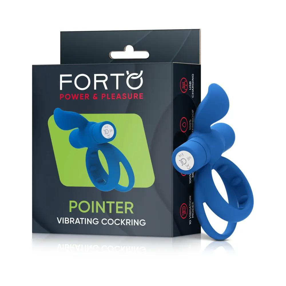 Forto Pointer Rechargeable Silicone Vibrating Dual Cockring with External Stimulator Blue by Forto