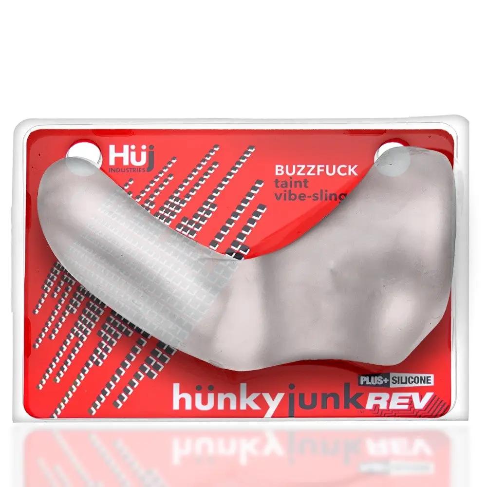 Hunkyjunk Buzzfuck Cock & Ball Sling with Taint Vibrator Clear Ice by Oxballs