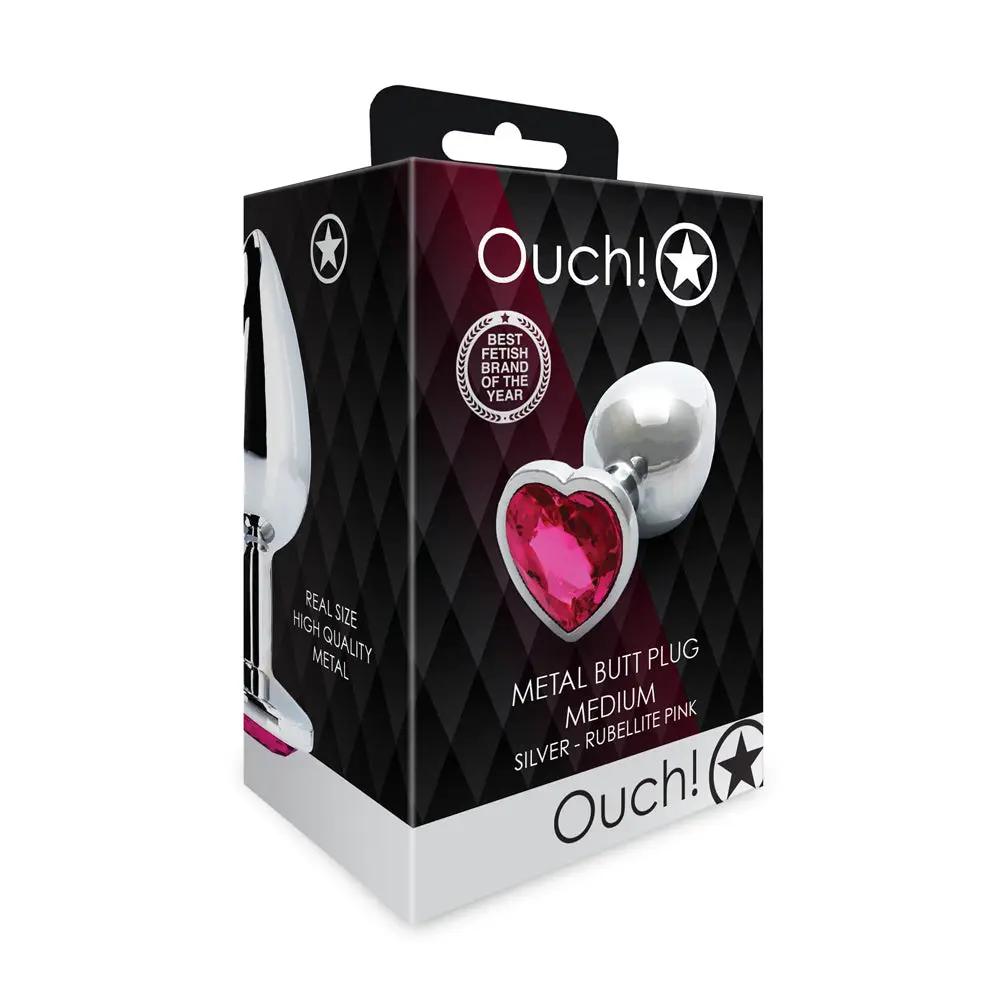 Ouch! Heart Gem Butt Plug Medium Silver/Rubellite Pink by Shots