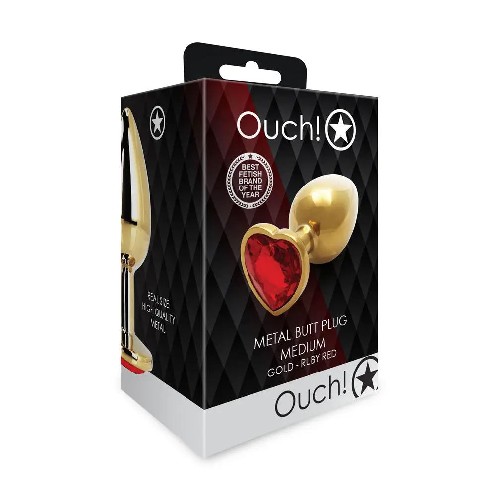 Ouch! Heart Gem Butt Plug Medium Gold/Ruby Red by Shots