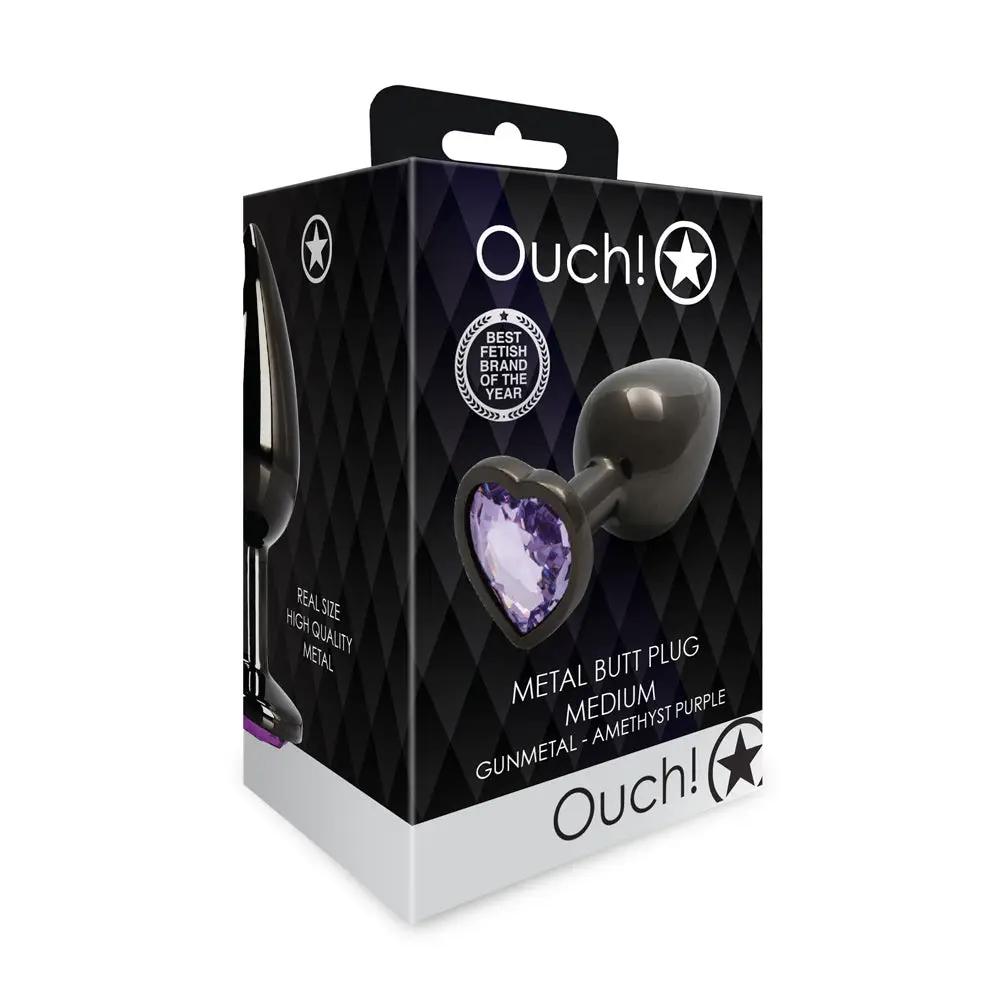 Ouch! Heart Gem Butt Plug Medium Gunmetal/Amethyst by Shots