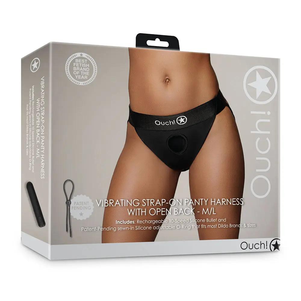 Ouch! Vibrating Strap-on Panty Harness with Open Back Black M/L by Shots