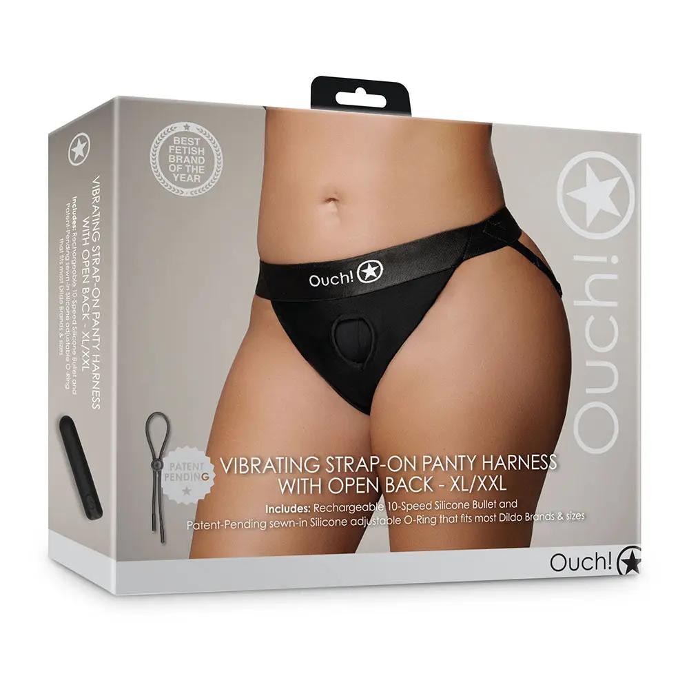 Ouch! Vibrating Strap-on Panty Harness with Open Back Black XL/2XL by Shots