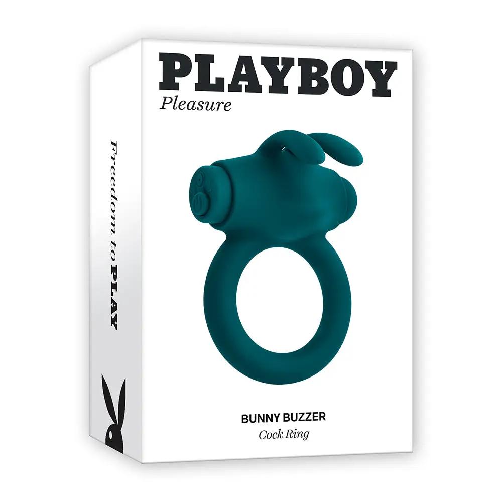 Playboy Bunny Buzzer Rechargeable Vibrating Silicone Cockring with Stimulator Deep Teal by Playboy