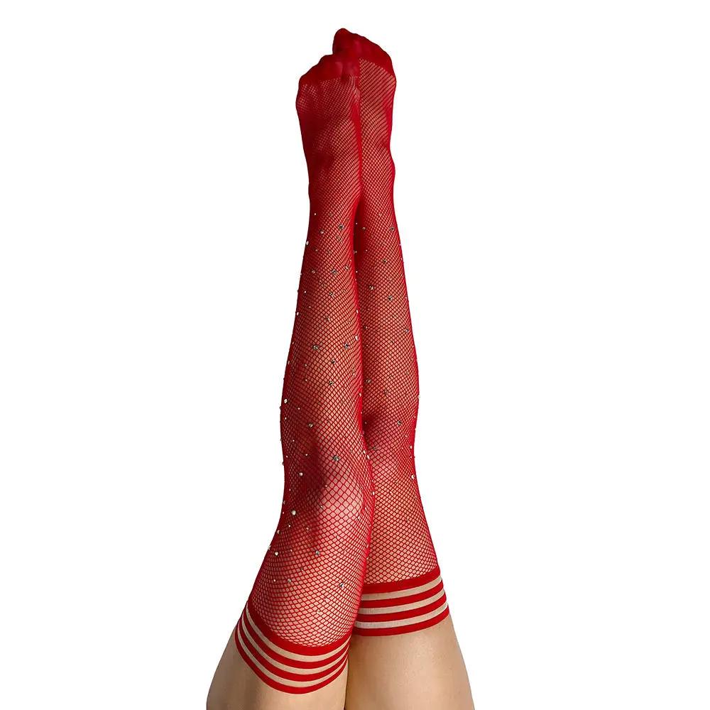 Kixies Joely Rhinestone Fishnet Thigh-High Red Size B by Kixies
