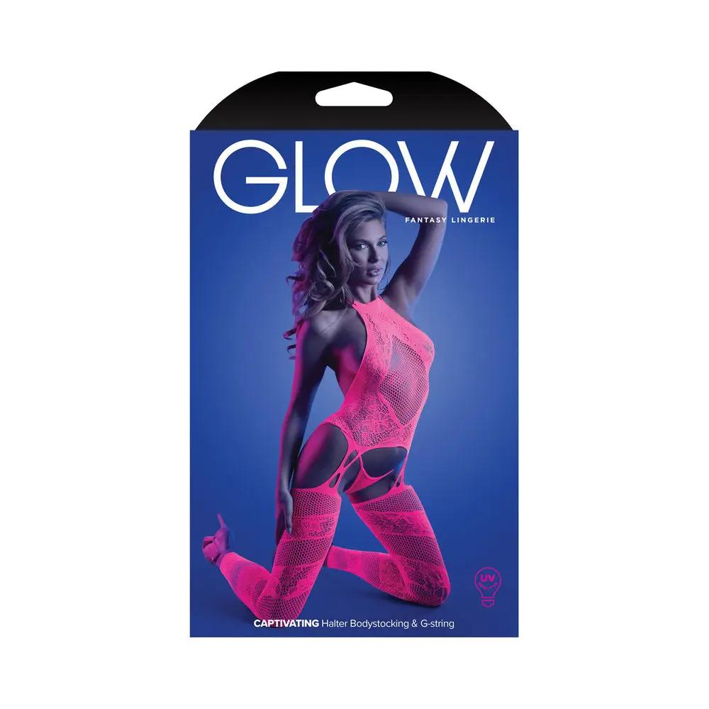 Fantasy Lingerie Glow Captivating High Neck Halter Bodystocking & G-String Set Neon Pink O/S by Fantasy Lingerie