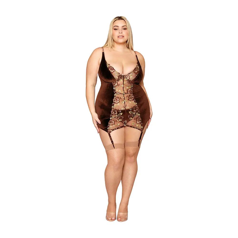 Dreamgirl Stretch Velvet and Embroidered Band Garter Slip and G-String Set Espresso 3XL by Dreamgirl
