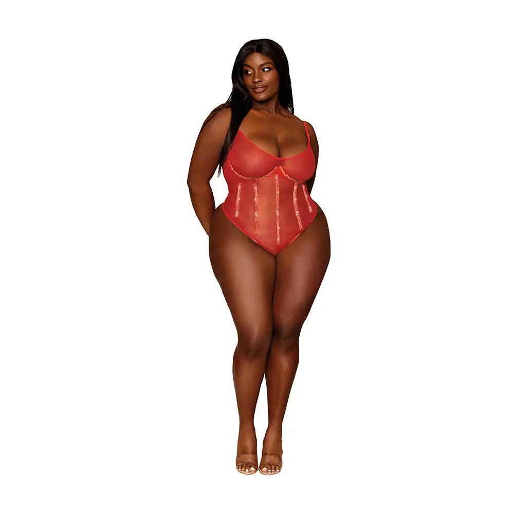 Dreamgirl Gold-foiled Stretch Mesh Teddy with Rhinestone Detailing and Heat-Sealed Edges Ruby 3XL by Dreamgirl