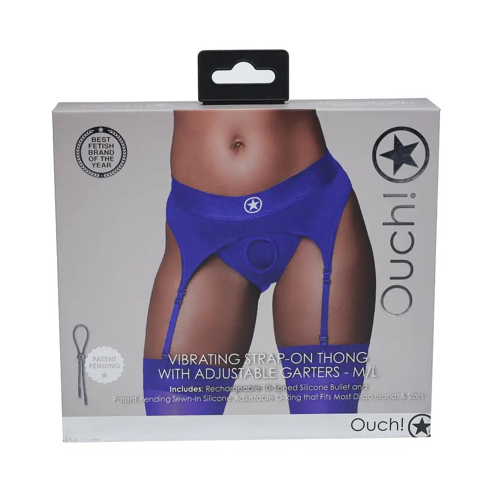Ouch! Vibrating Strap-on Thong with Adjustable Garters Royal Blue M/L by Shots