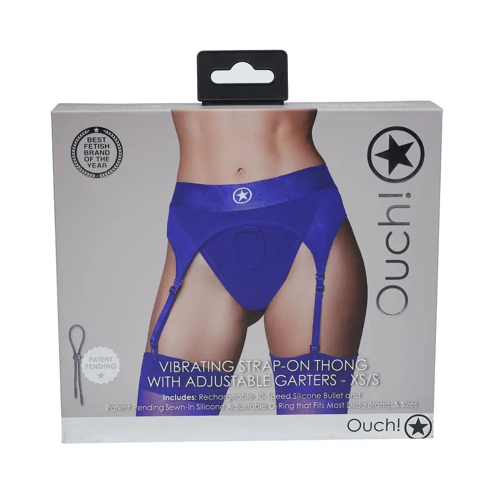 Ouch! Vibrating Strap-on Thong with Adjustable Garters Royal Blue XS/S by Shots